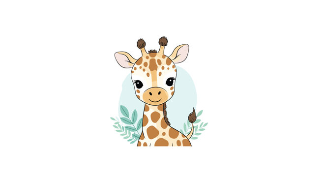 Incredibly cute baby giraffe cartoon portrait with big eyes and green leaves perfect for a sweet nursery or child's room decor.