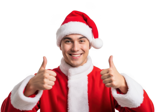 Young man dressed as santa claus giving a thumbs up gesture, smiling happily, isolated on transparent background