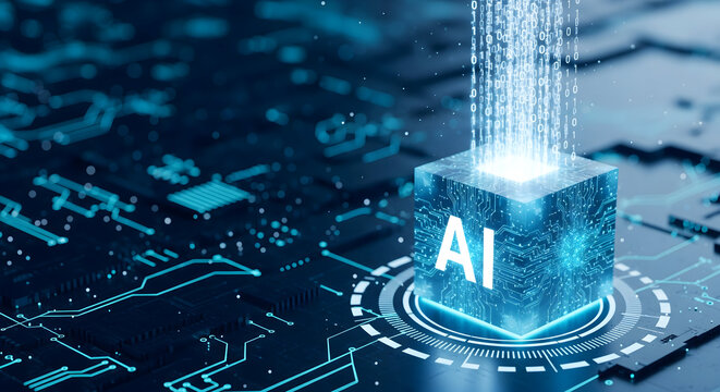 Unlock future tech with a cutting-edge AI cube and data stream for innovation success