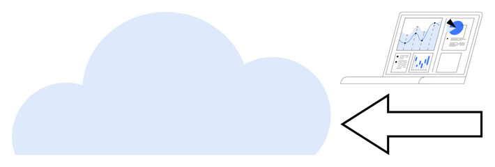 Cloud icon with arrow pointing to a laptop displaying charts and graphs. Ideal for technology, cloud storage, data analytics, remote work, digital transformation, IT solutions, simple flat metaphor