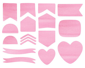 A collection of pink watercolor shapes hand-painted and cut out from a textured background. Includes hearts, banners, badges, arrows, labels, and abstract forms. 