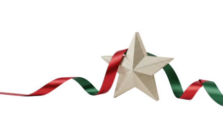 Holiday Star Decoration with Flowing Red and Green Ribbon isolated PNG with Transparent Background