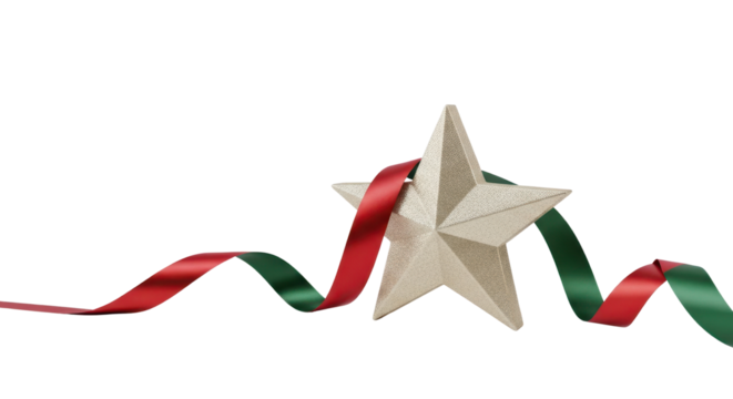 Holiday Star Decoration with Flowing Red and Green Ribbon isolated PNG with Transparent Background