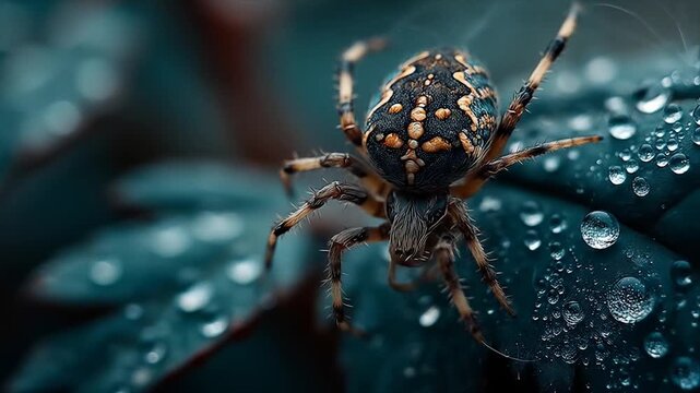 Detailed macro shot of an orb weaver spider with water droplets on leaves