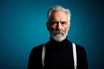 Fototapeta premium A serious, distinguished older white man with gray hair and a beard wears a black turtleneck and white suspenders against a deep blue studio background.