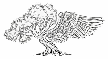 Fototapeta premium Surreal line art of a gnarled old tree growing a large angelic wing.