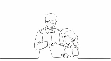 Father and daughter learning together on a tablet.