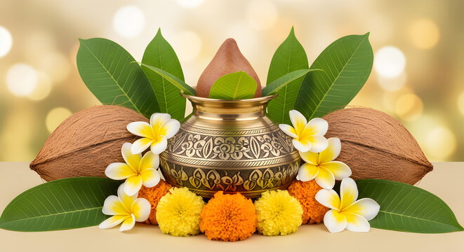 Elegant Navratri kalash background with coconut, mango leaves, floral garland and glowing golden aura. 