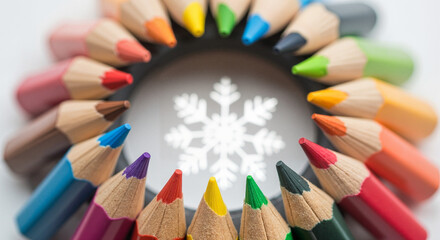 Colorful pencils arranged in a circle with snowflake design in center