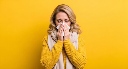 Seasonal Allergies and Cold Symptoms Relief Mature Woman Using Tissue to Clear Nose Against Vibrant Yellow Background For Advertisements and Commercial Use Health Wellbeing 180char