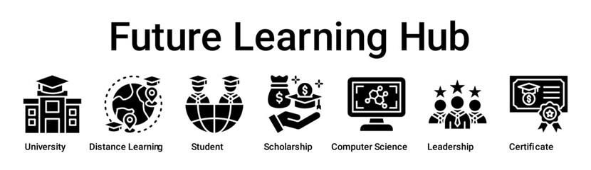 Future Learning Hub banner web icon vector illustration concept for education with icon of University, Distance Learning, Student, Scholarship, Computer Science, Leadership.