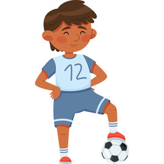 Young boy wearing blue soccer uniform with number 12 on shirt stands with foot on ball smiling happily on a transparent background