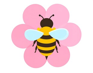 A graphic illustration of a bee resting on a pink flower with six petals, isolated on a white background