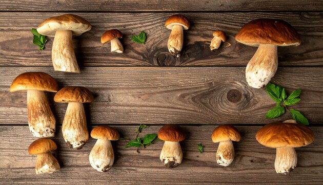 A collection of fresh mushrooms displayed on a wooden surface, complemented by green leaves, creating a rustic and natural aesthetic.