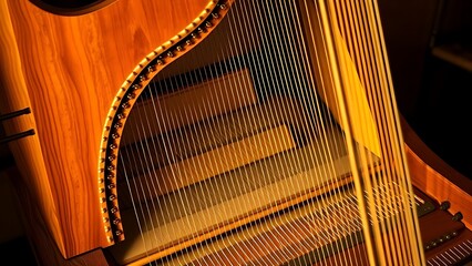 harpsichord. Opened harpsichord interior showing intricate wood grain and strings. event programs, museum guides, designed for cultural heritage projects and event programs, preserves heritage.
