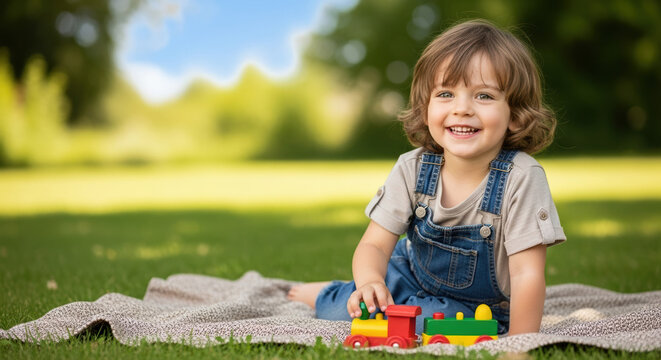 Happy Father's Day portrait with cheerful kid sitting outdoors, playing with toys. Father's Day celebration is all about spending time and making memories with loved ones.