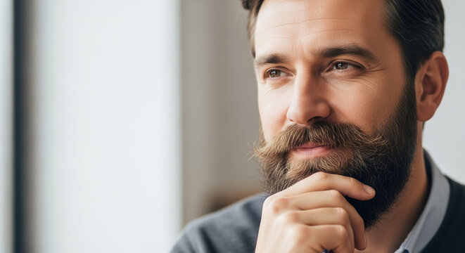 Conceptual No Shave November portrait of confident man with beard and mustache in close up, thoughtful expression suggests deeper consideration of the cause.