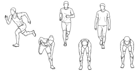 Top view CAD drawing of athletes. sprinting, jogging, walking, stretching hamstrings, bending forward, standing ready pose. Vector illustration