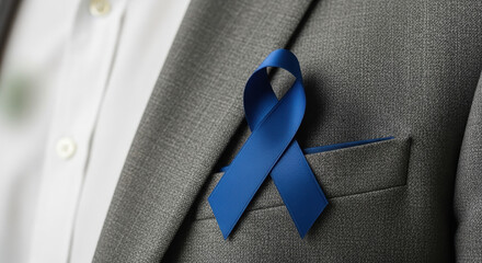 Prostate Cancer Awareness ribbon on jacket lapel, symbol of support. Prostate Cancer Awareness symbolized by blue ribbon, conveying hope, unity, and early detection importance.