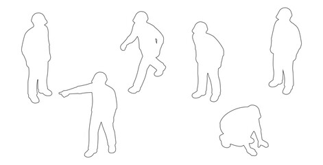 Top view CAD drawing of construction workers outline. standing, walking, bending slightly, pointing, leaning, crouching. Vector illustration