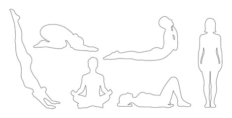 Top view CAD drawing of people in yoga poses outline. downward dog, child’s pose, cobra pose, sitting cross-legged, laying flat, standing mountain pose. Vector illustration
