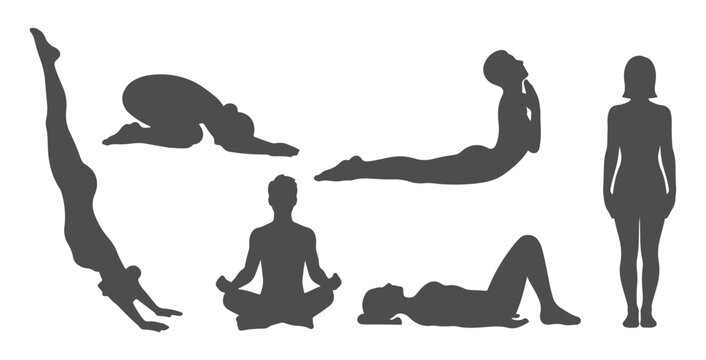 Top view CAD drawing of people in yoga poses silhouette. downward dog, child&rsquo;s pose, cobra pose, sitting cross-legged, laying flat, standing mountain pose. Vector illustration