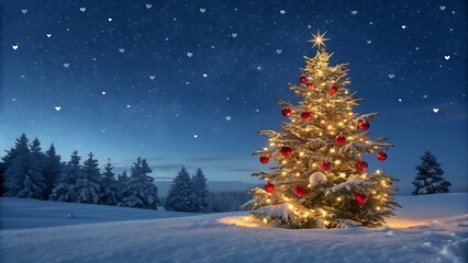 A beautifully decorated christmas tree stands illuminated in a serene, snowy winter landscape under a dark blue night sky with gentle snowflakes falling, creating a magical and festive holiday scene