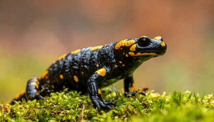 A black salamander with yellow spots rests on vibrant green moss under a soft, out-of-focus backdrop