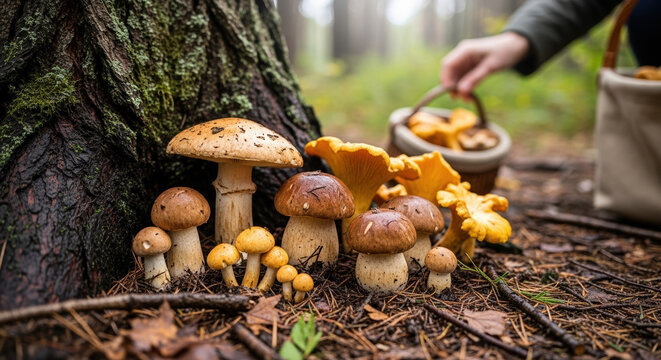 Mushroom picking in forest with child gathering basket filled with mushrooms, close up. Mushroom picking in quiet place is favorite activity in autumn for many families.