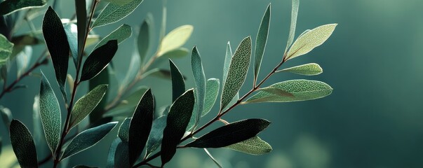 Fototapeta premium Olive green color stylish stock photo of backlit plant leaves on a branch with nature background. Natural backdrop for organic and healthy concepts.