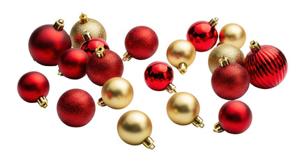 Assortment of Shiny Red and Matte Gold Christmas Ornaments and Baubles isolated PNG with Transparent Background