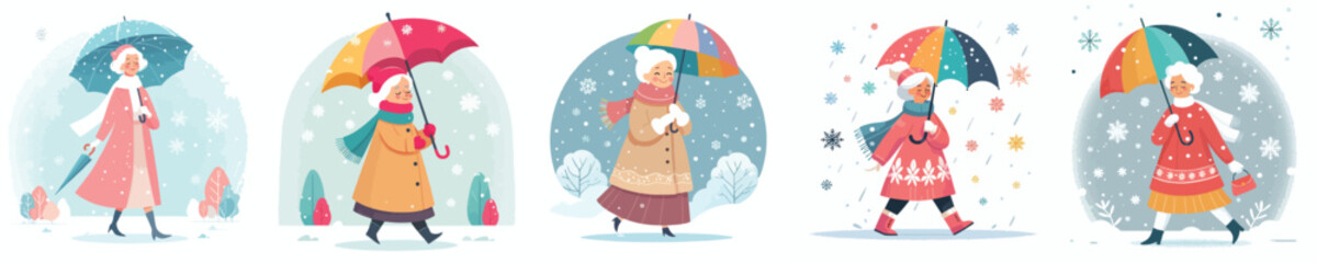 grandmother walking with umbrella in snowy atmosphere