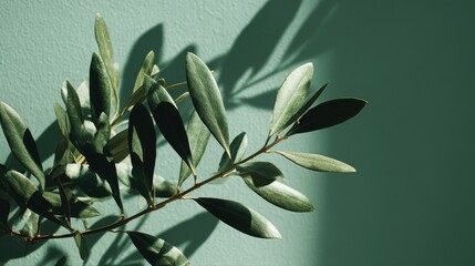 Olive branch with green leaves against a natural olive green background. Minimalistic botanical display for health, beauty and wellness branding and marketing.