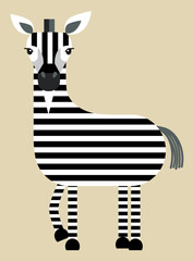 Flat design, vector illustration of a zebra in a geometric cartoon style