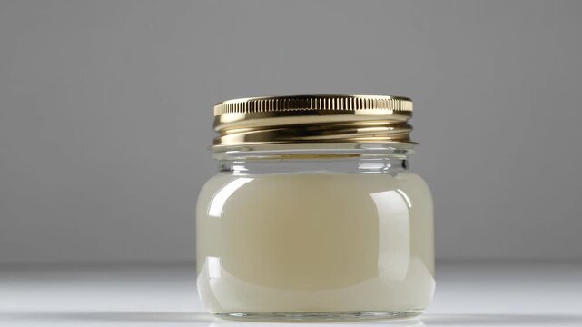 Glass jar with golden lid featuring creamy royal jelly, organic healthy supplement, simple composition