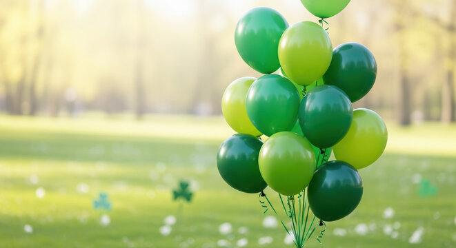 St Patrick's Day celebration with festive green balloons outdoors in vibrant park. St Patrick's Day party with collection of colorful balloons to mark festivities and good luck.