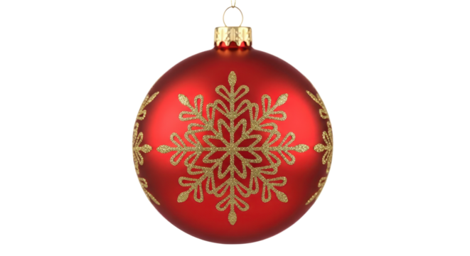 Isolated Red Glossy Christmas Ball Ornament with Golden Snowflake Design isolated PNG with Transparent Background