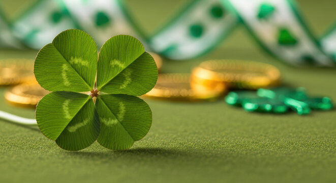 Four leaf clover for St. Patrick's Day on green background with coins and ribbon, lucky charm. St. Patrick's Day celebration includes shamrock and decorative elements for holiday spirit. - Powered by Adobe