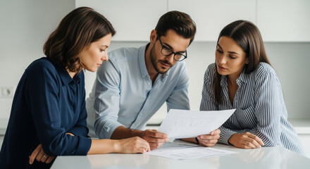 Young professionals collaborating on business documents during a meeting in a modern office setting, focused on teamwork success