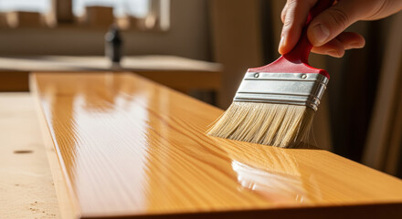Glossy wood plank being carefully varnished by hand with a brush in a bright carpentry workshop