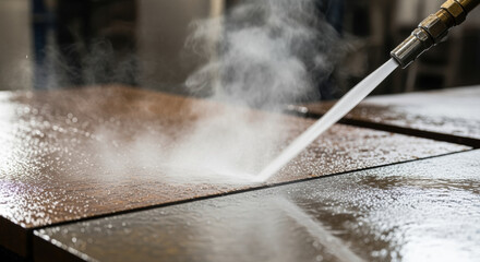 High pressure water jet cleaning wooden surface with steam and droplets during outdoor maintenance and industrial power washing work