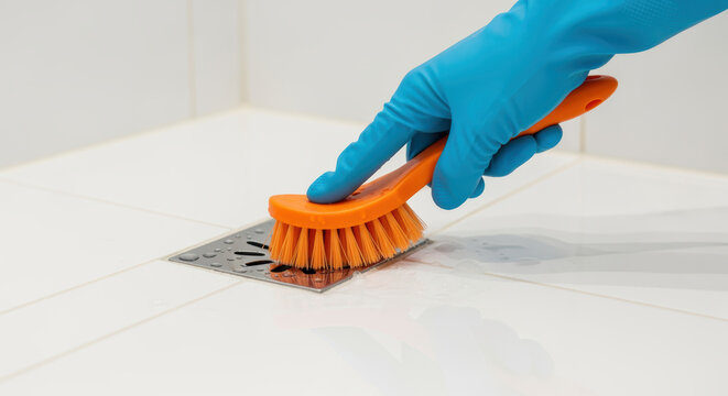 Hand in blue glove scrubbing white bathroom tile floor drain with orange cleaning brush and removing grime and soap residue