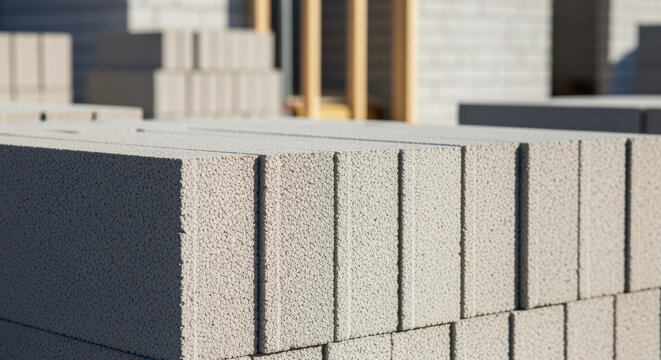 Lightweight concrete blocks stacked at construction site with unfinished walls and wooden supports in bright daylight