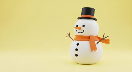Fototapeta premium Festive cheer abounds with a cheerful snowman, donning a hat and scarf, set against a yellow backdrop.