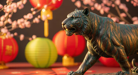 Lunar New Year celebration with decorative tiger statue, festive lanterns, and blooming branches symbolizes prosperity and good fortune.