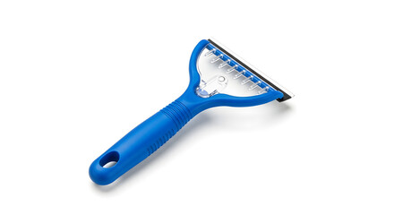 Blue plastic ice scraper with metal edge for windshield cleaning