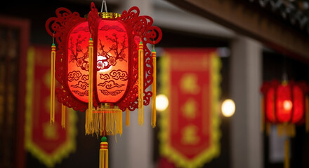 Red Lunar New Year lantern adorns traditional buildings, with festive banners creating cheerful ambiance. Lunar New Year decorations illuminate architectural structures,