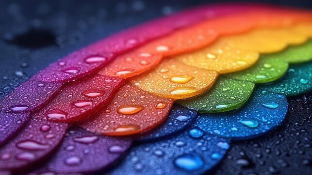A dynamic pattern of vibrant rainbow water droplets against a dark background, creating a blurred, abstract effect. Ideal for backgrounds, graphics, and design projects.