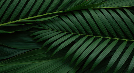 Lush overlapping tropical palm leaves with deep green fronds creating a natural botanical background pattern in soft minimal light