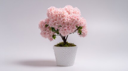 Fototapeta premium Delicate pink blossoms adorn a small potted plant with moss.